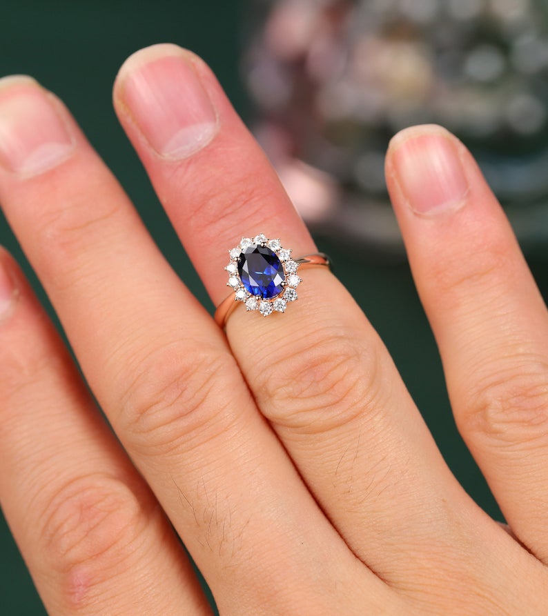 2 CT Oval Cut Blue Sapphire Diamond Rose Gold Over On 925 Sterling Silver Halo Women Promise Ring