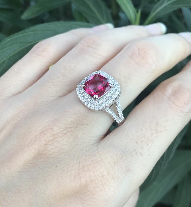1 CT Ruby Cushion Cut Diamond 925 Sterling Silver Double Halo Anniversary Ring for Her