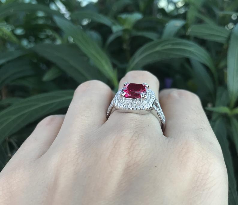 1 CT Ruby Cushion Cut Diamond 925 Sterling Silver Double Halo Anniversary Ring for Her