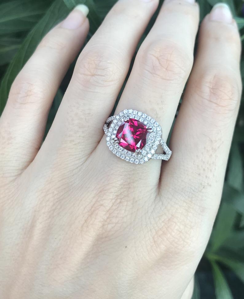 1 CT Ruby Cushion Cut Diamond 925 Sterling Silver Double Halo Anniversary Ring for Her