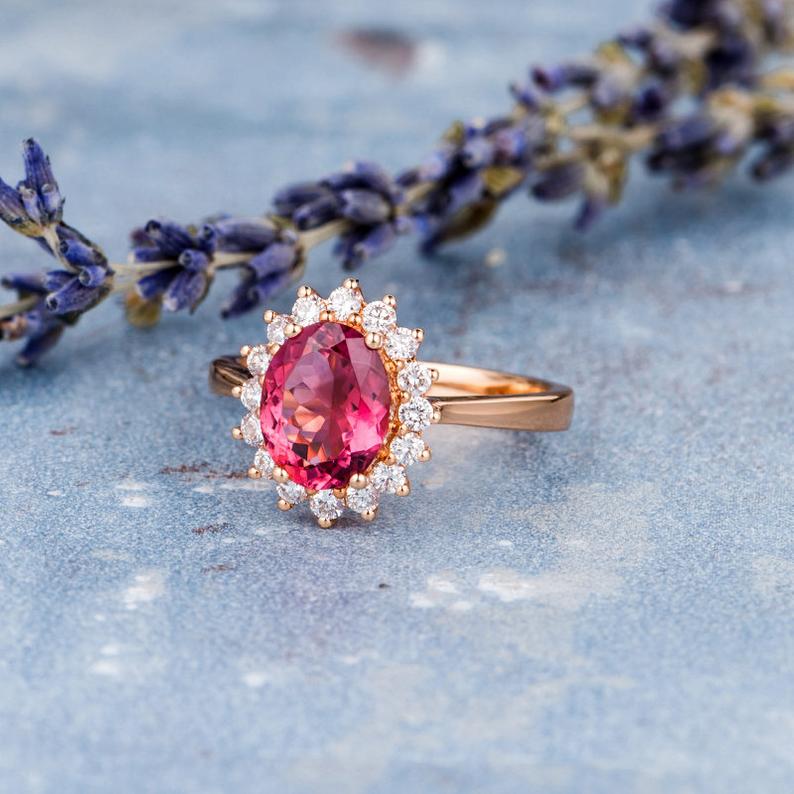 1.50 Ct Oval Cut Pink Ruby Rose Gold Over On 925 Sterling Silver Halo Engagement Ring