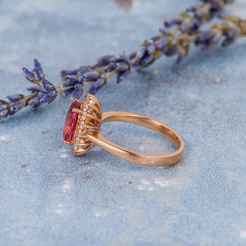 1.50 Ct Oval Cut Pink Ruby Rose Gold Over On 925 Sterling Silver Halo Engagement Ring