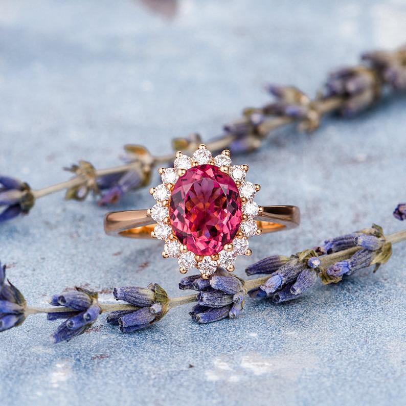 1.50 Ct Oval Cut Pink Ruby Rose Gold Over On 925 Sterling Silver Halo Engagement Ring