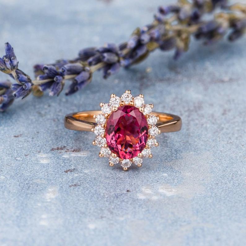 1.50 Ct Oval Cut Pink Ruby Rose Gold Over On 925 Sterling Silver Halo Engagement Ring