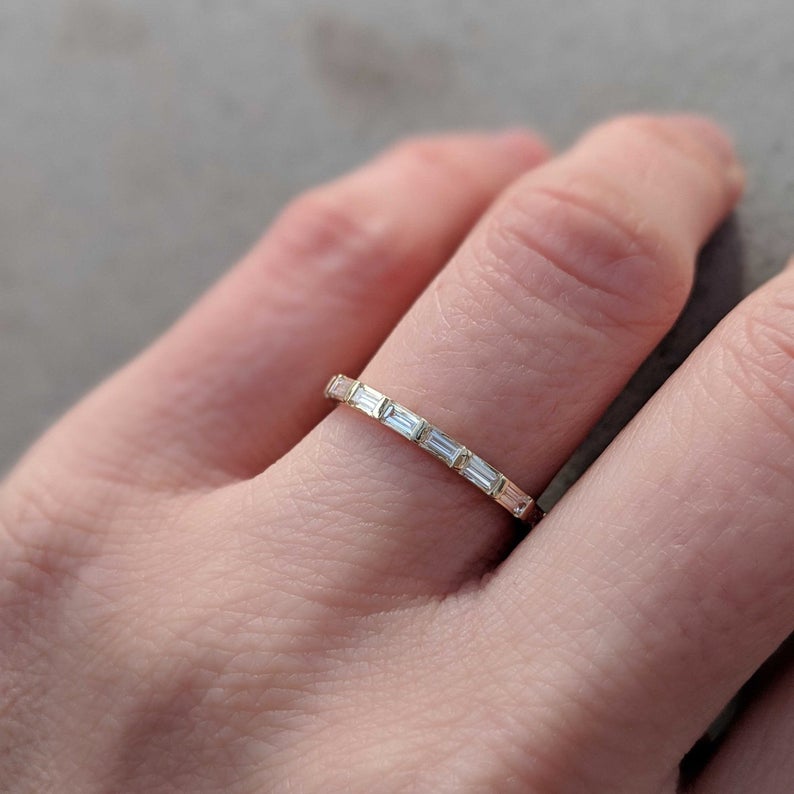 1.50 CT Baguette Cut Diamond Yellow Gold Ove On 925 Sterling Silver Full Eternity Wedding Band ring