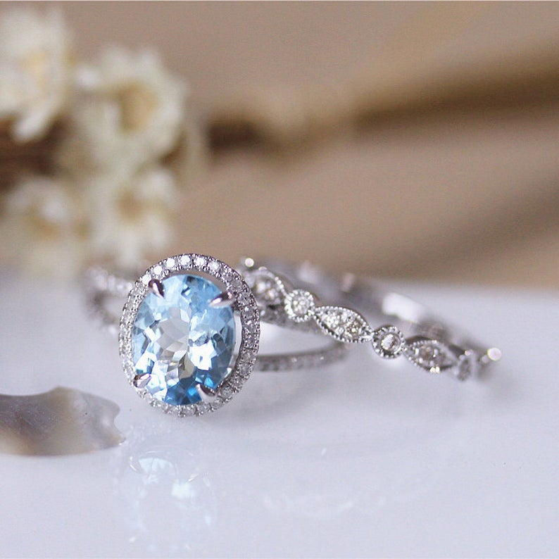 1 CT Oval Cut Aquamarine Diamond 925 Sterling Silver Halo Wedding Bridal Ring Set