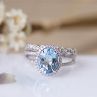 1 CT Oval Cut Aquamarine Diamond 925 Sterling Silver Halo Wedding Bridal Ring Set