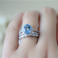 1 CT Oval Cut Aquamarine Diamond 925 Sterling Silver Halo Wedding Bridal Ring Set