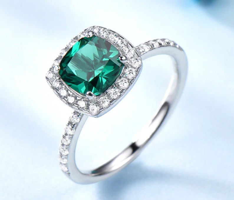 1 CT Cushion Cut Green Emerald Diamond White Gold Over On 925 Sterling Silver Halo Promise Ring