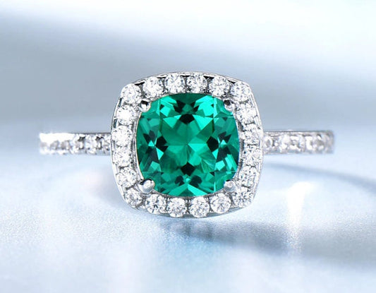 1 CT Cushion Cut Green Emerald Diamond White Gold Over On 925 Sterling Silver Halo Promise Ring