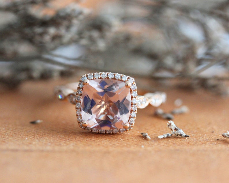 CT Cushion Cut Pink Morganite Diamond 925 Sterling Silver Halo Engagement  Ring