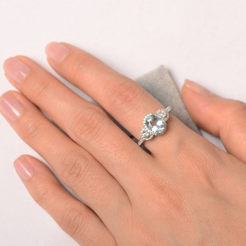 1 CT Oval Cut Aquamarine Diamond White Gold Over On 925 Sterling Silver Halo Engagement Ring For Women