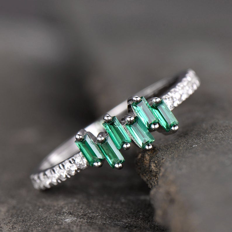 1.75 Ct Baguette Cut Green Emerald 925 Sterling Silver Cluster Half Eternity Band Ring