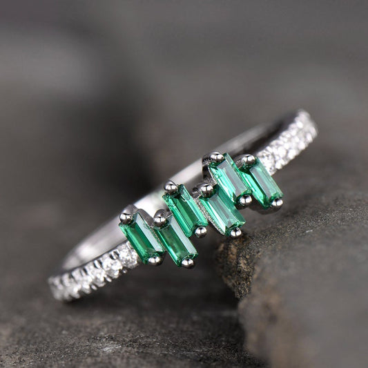 1.75 Ct Baguette Cut Green Emerald 925 Sterling Silver Cluster Half Eternity Band Ring