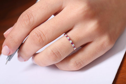 1 CT Round Cut Ruby Diamond 925 Sterling Silver Half Eternity Anniversary Band Ring
