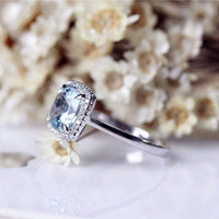 1 CT Cushion Cut Aquamarine Diamond 925 Sterling Silver Halo Promise Ring