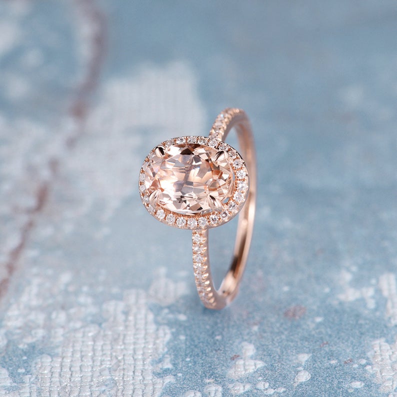 1 CT Oval Cut Morganite Diamond Rose Gold Over On 925 Sterling Silver Women Halo Wedding Ring