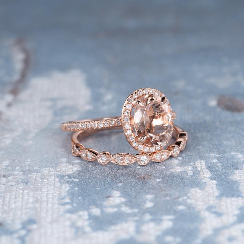 1 CT Oval Cut Morganite Diamond 925 Sterling Silver Women Wedding Bridal Set