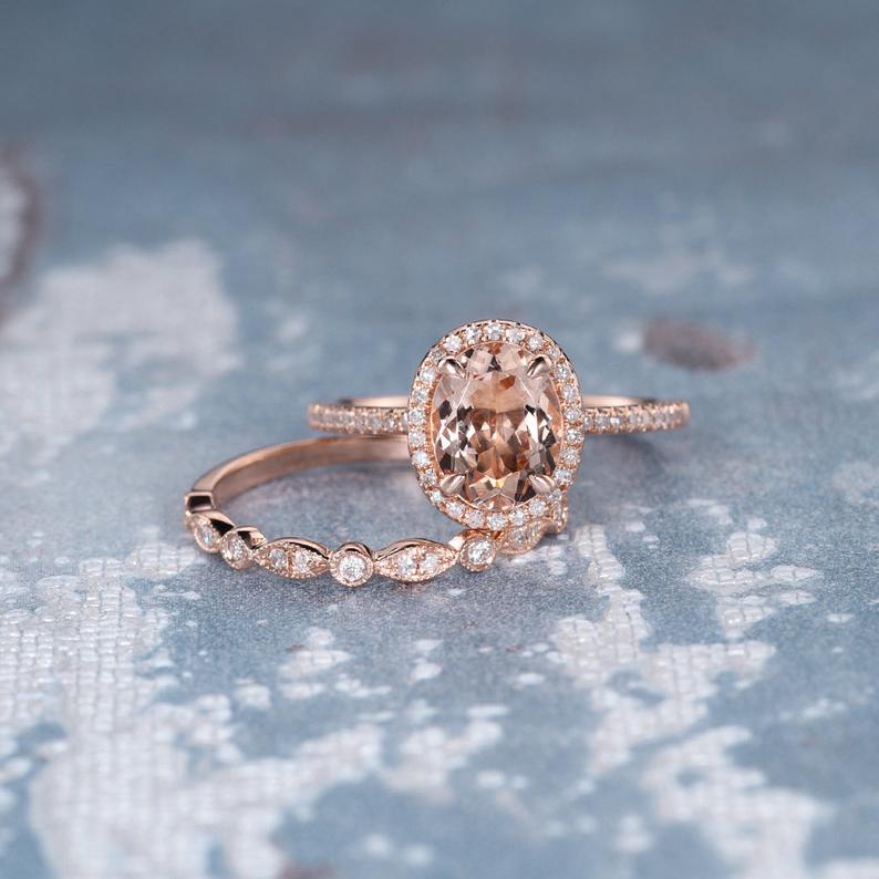 1 CT Oval Cut Morganite Diamond 925 Sterling Silver Women Wedding Bridal Set