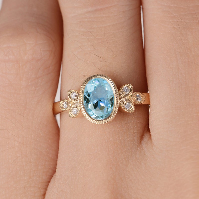 1.25 Ct Oval Cut Aquamarine Yellow Gold Over On 925 Sterling Silver Unique Anniversary gift Ring