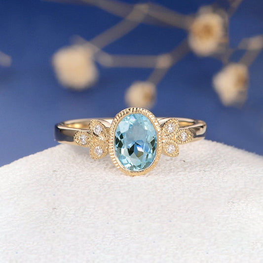 1.25 Ct Oval Cut Aquamarine Yellow Gold Over On 925 Sterling Silver Unique Anniversary gift Ring