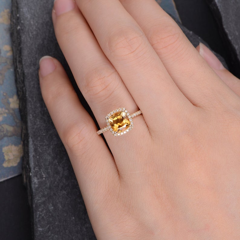 1 CT Cushion Cut Citrine Diamond White Gold Over On 925 Sterling Silver Halo Wedding Ring