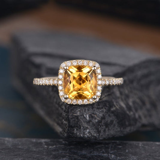 1 CT Cushion Cut Citrine Diamond White Gold Over On 925 Sterling Silver Halo Wedding Ring