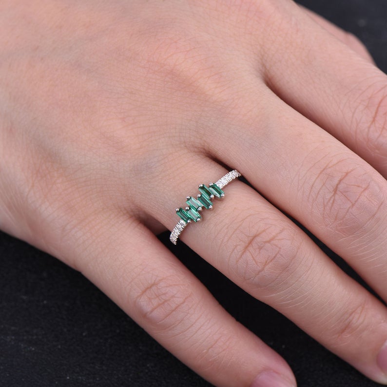 1.75 Ct Baguette Cut Green Emerald 925 Sterling Silver Cluster Half Eternity Band Ring