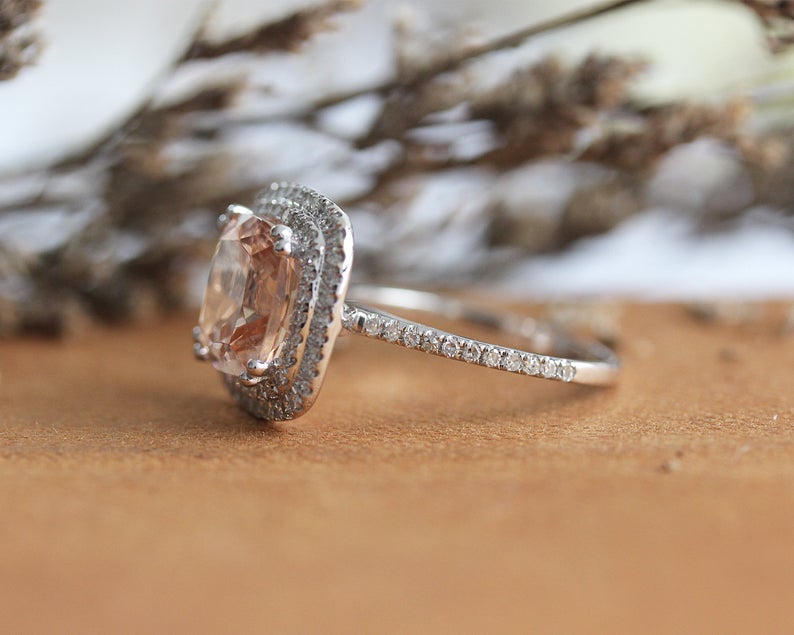1 CT Pink Morganite Cushion Cut Diamond 925 Sterling Silver Double Halo Anniversary Ring