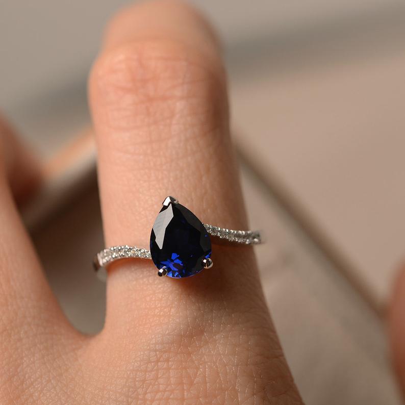 1.50 Ct Pear Cut Blue Sapphire 925 Sterling Silver Solitaire W/Accents Promise Gift Ring