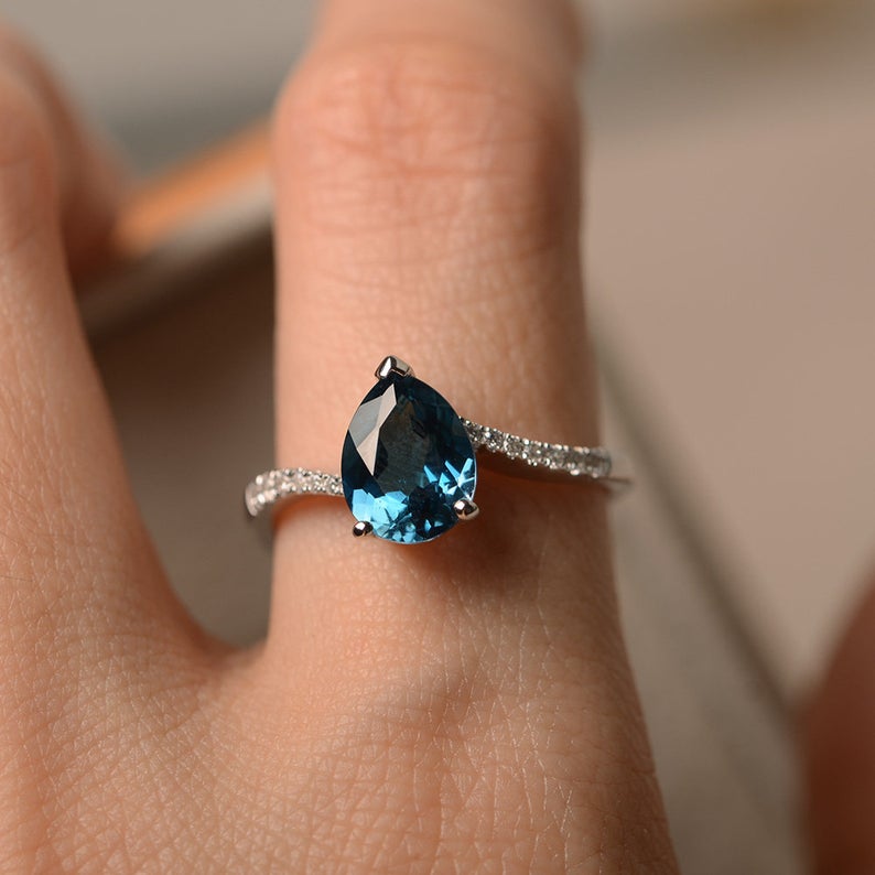 1.50 CT Pear Cut London Blue Topaz 925 Sterling Silver Solitaire W/Accents Promise Ring