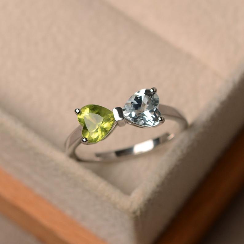 2 CT Trillion Cut Aquamarine & Peridot Double Stone Bow Ring In 925 Sterling Silver