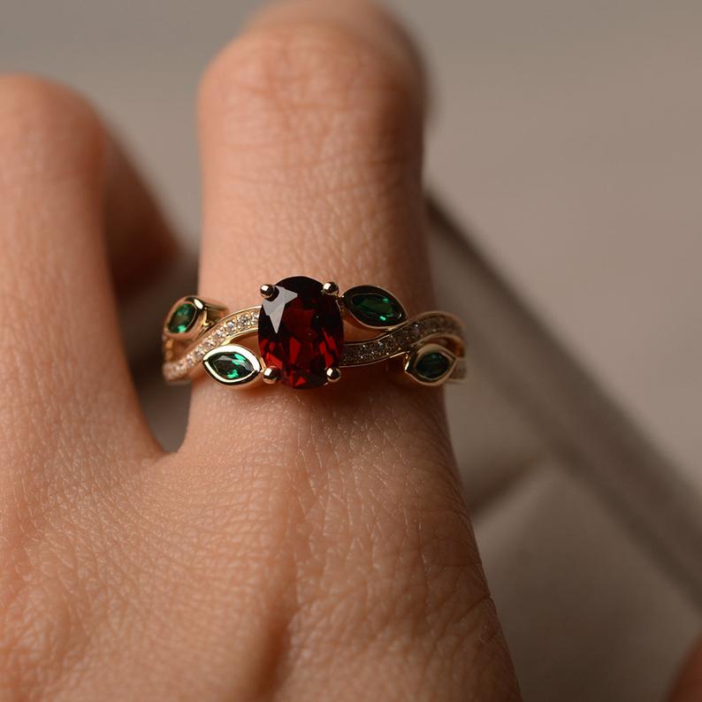 2.10 Ct Oval Cut Red Garnet & Marquise Emerald Leaf Style Ring Yellow Gold Over On 925 Sterling Silver