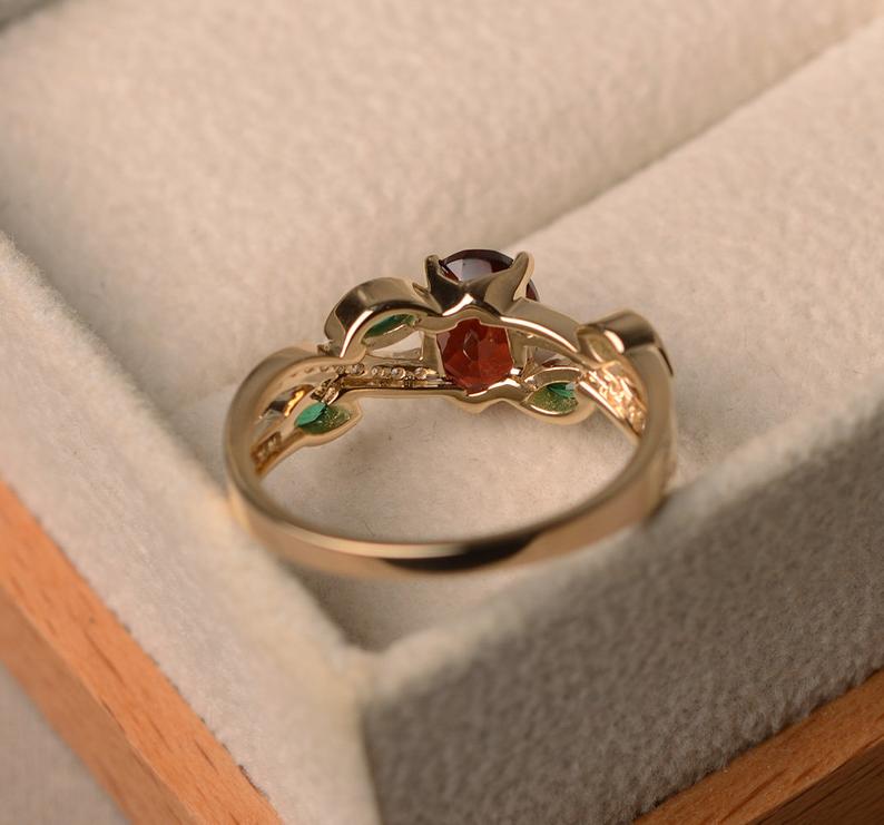 2.10 Ct Oval Cut Red Garnet & Marquise Emerald Leaf Style Ring Yellow Gold Over On 925 Sterling Silver