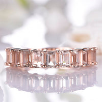 1 CT Emerald Cut Morganite Diamond Rose Gold Over On 925 Sterling Silver Half Eternity Band Ring