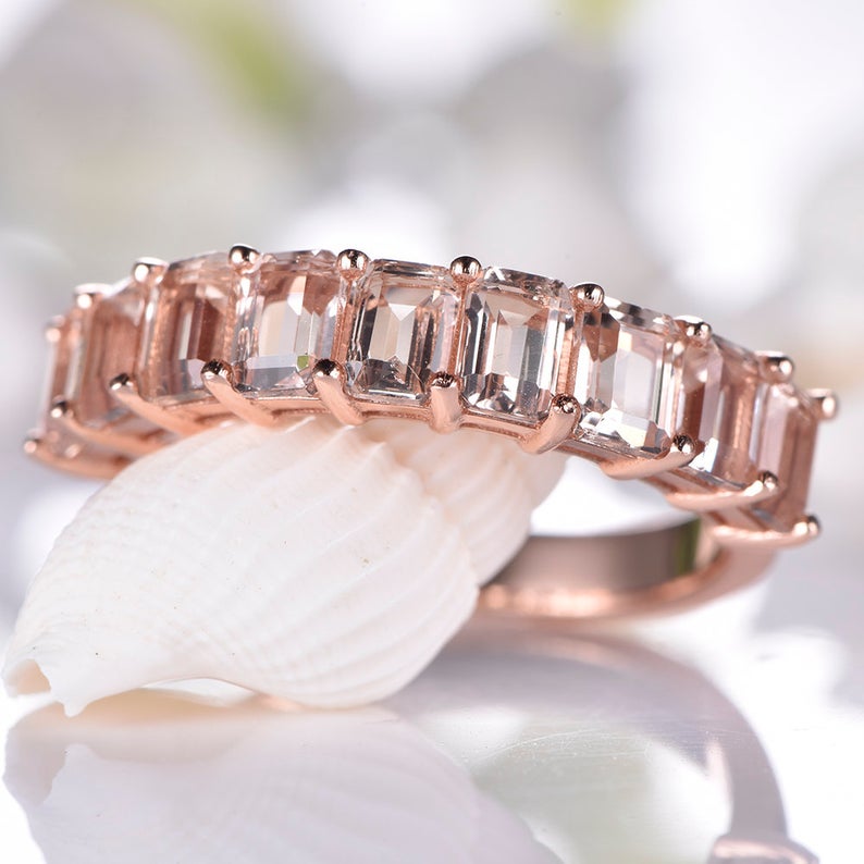 1 CT Emerald Cut Morganite Diamond Rose Gold Over On 925 Sterling Silver Half Eternity Band Ring