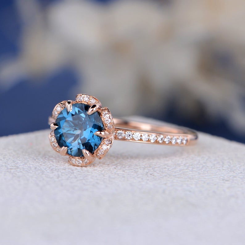 1 CT London Blue Topaz Diamond 925 Sterling Silver Women Halo Floral Engagement Ring