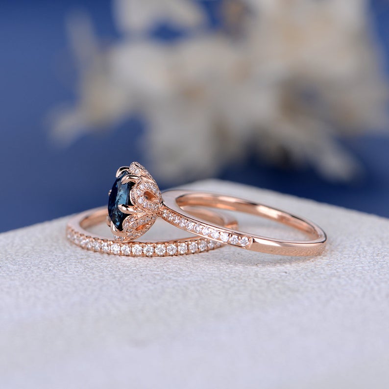 1 CT Round Cut London Blue Topaz Diamond 925 Sterling Silver Halo Wedding Band Women Bridal Set