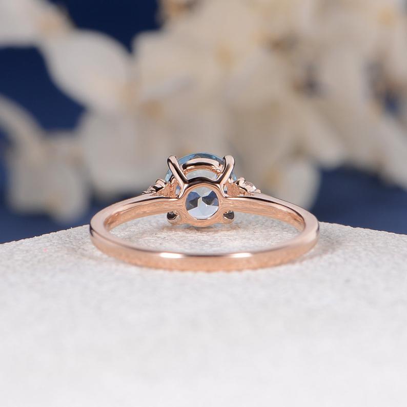 1.35 Ct Round Cut Aquamarine Rose Gold Over On 925 Sterling Silver Solitaire W/Accents Ring