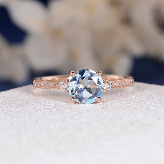 1.35 Ct Round Cut Aquamarine Rose Gold Over On 925 Sterling Silver Solitaire W/Accents Ring
