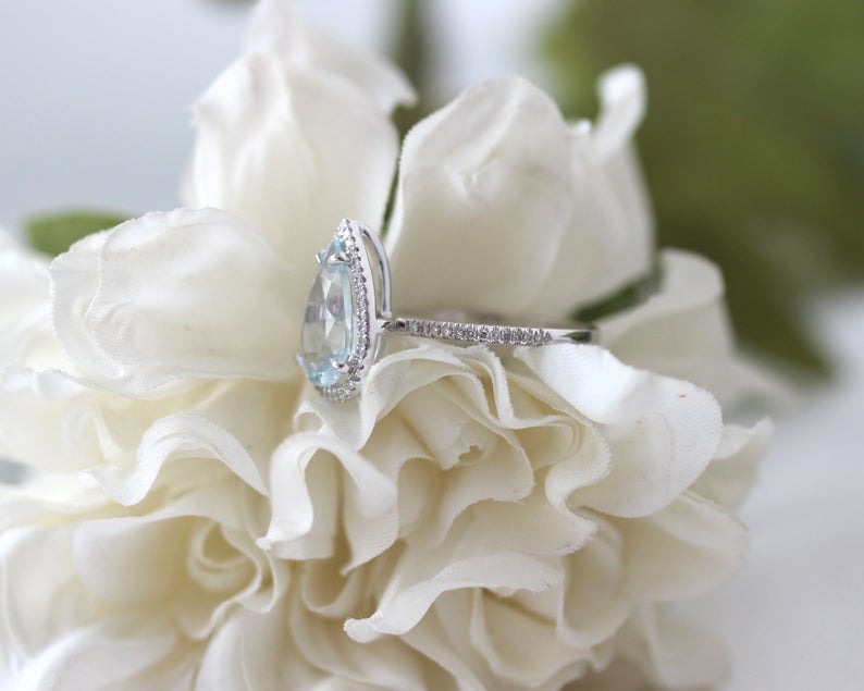 1 CT Pear Cut Aquamarine Diamond 925 Sterling Silver Halo Anniversary Ring