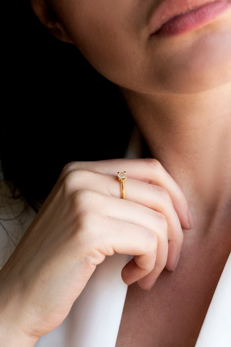 1 CT Round Cut Diamond Yellow Gold Over On 925 Sterling Silver Solitaire Engagement Ring