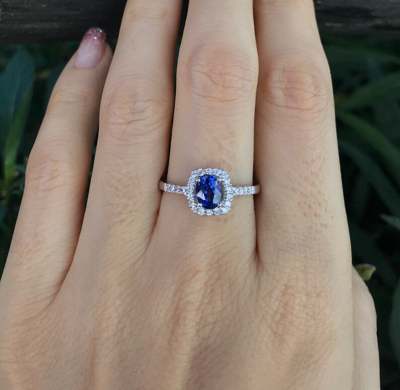 1 CT Oval Cut Blue Sapphire White Gold Over On 925 Sterling Silver Halo Engagement Ring