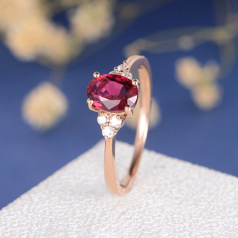 1.50 Ct Oval Cut Red Ruby Rose Gold Over On 925 Sterling Silver Solitaire W/Accents Anniversary Gift Ring