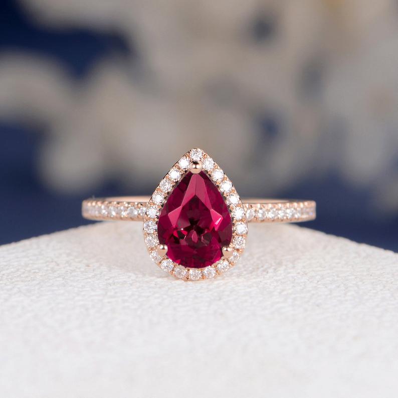 1 CT Pear Cut Red Ruby Diamond 925 Sterling Silver Halo Anniversary Gifts For Her