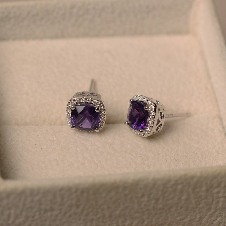 2.50 Ct Cushion Cut Purple Amethyst Halo Anniversary Gift Earrings In 925 Sterling Silver