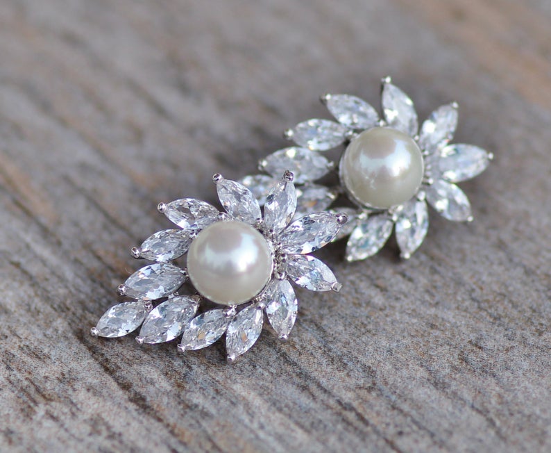 3.50 Ct Marquise Cut CZ & White Sea Pearl Cluster Stud Earrings In 925 Sterling Silver