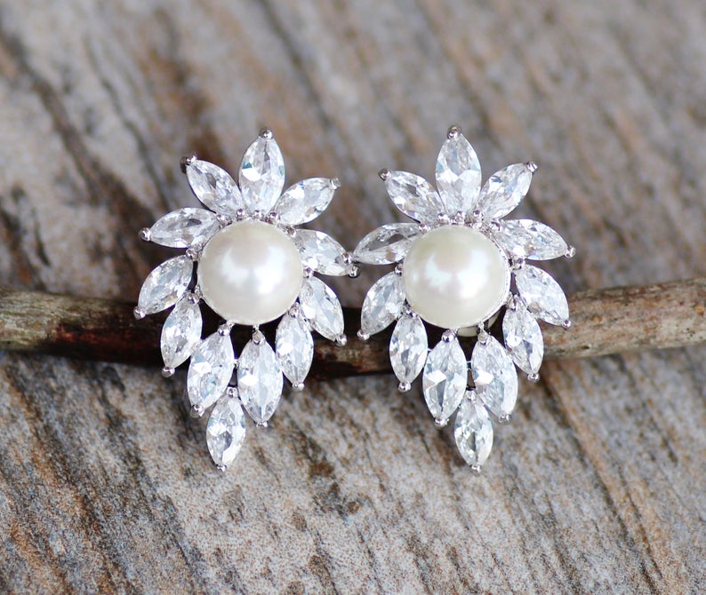 3.50 Ct Marquise Cut CZ & White Sea Pearl Cluster Stud Earrings In 925 Sterling Silver