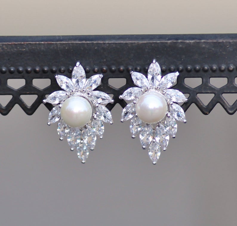 3.50 Ct Marquise Cut CZ & White Sea Pearl Cluster Stud Earrings In 925 Sterling Silver