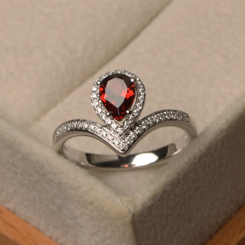2.75 Ct Pear Cut Red Garnet January Birthstone Halo Ring In 925 Sterling Silver